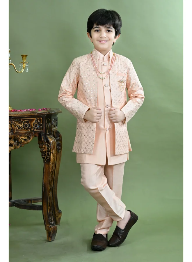 BT DEZINES Peach Sherwani and Trousers Set for Boys
