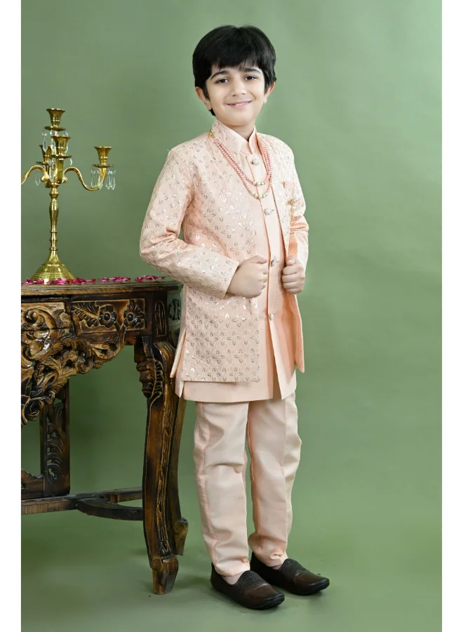 BT DEZINES Peach Sherwani and Trousers Set for Boys