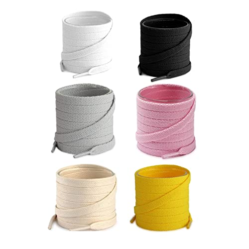 Lify Flat Shoelaces - 8MM (5/16" Inch) Wide - Shoe Laces for All Types Shoes & Sneakers- Vibrant Colors: - Set of 6 (180CM (70.86-Inch), White, Black, Baby Pink, Beige, Yellow & Light Grey) - Image 1