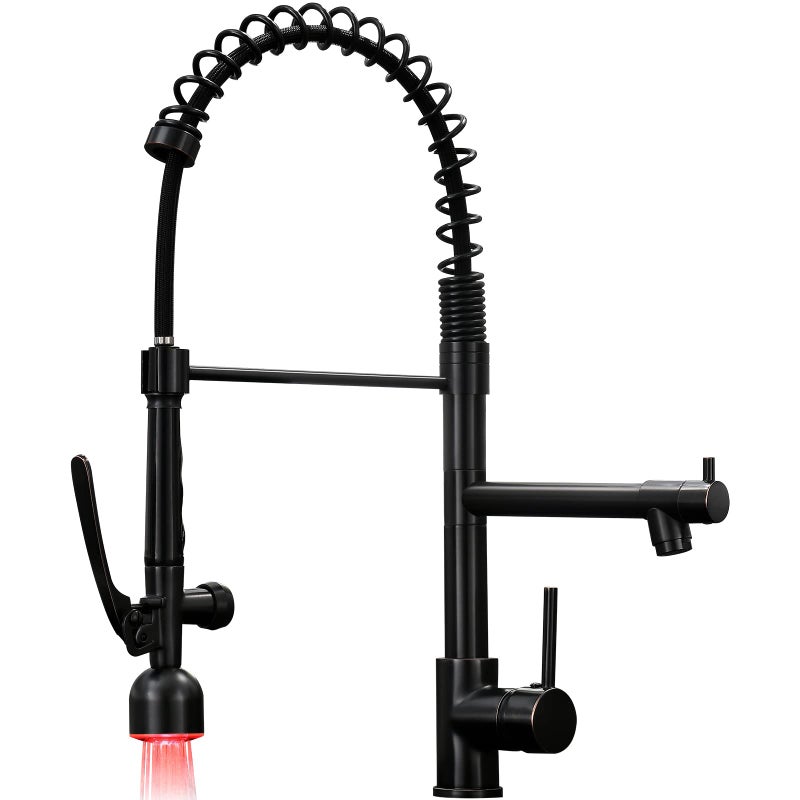 Fapully Commercial Single Handle Pull Down Sprayer Oil Rubbed Bronze Kitchen Faucet Kitchen Sink Faucet with LED Light