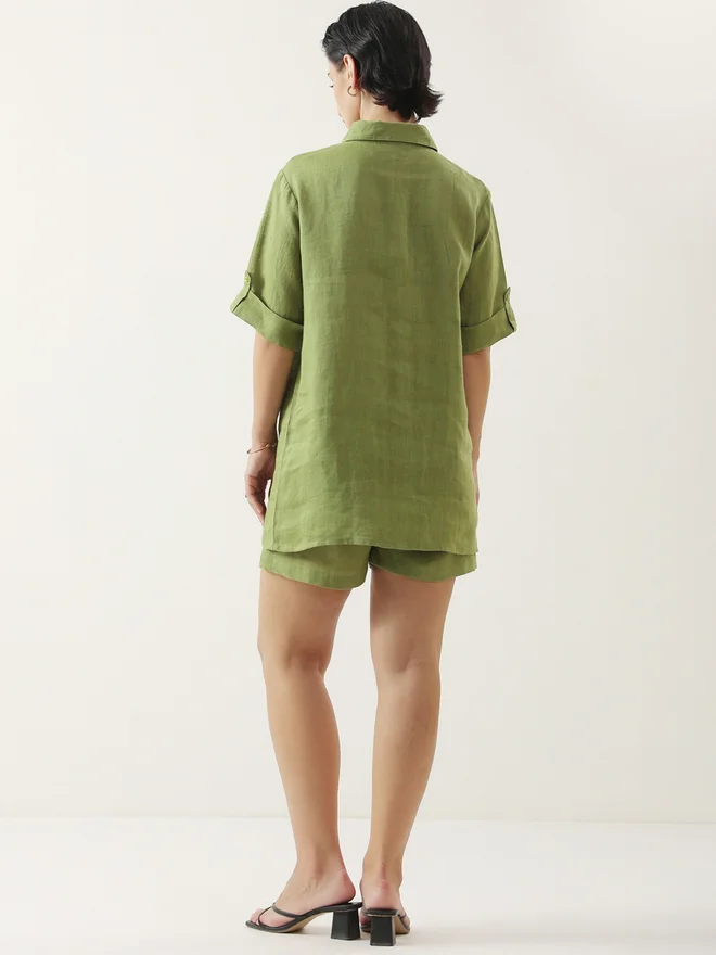 Sanskrutihomes Green Longline Cotton Shirt and Shorts Co-ords Set
