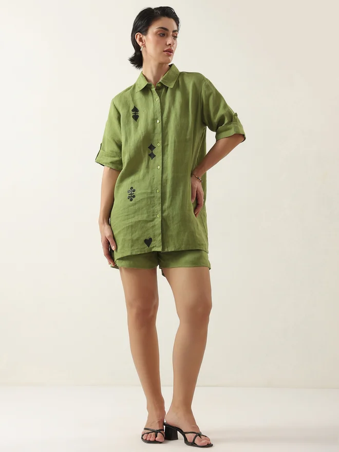 Sanskrutihomes Green Longline Cotton Shirt and Shorts Co-ords Set