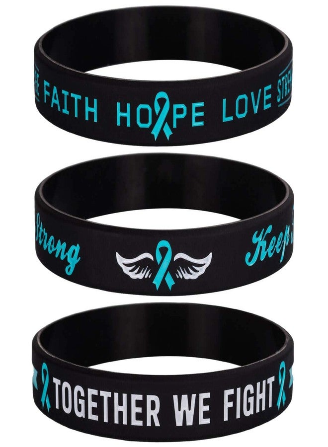 Sainstone Teal Cancer & Cause Awareness Ribbon Bracelets with Saying, Set of 3 Silicone Rubber Wristbands Gifts for Men Women, Patients Survivors (Ovarian Cancer Teal) - Image 1