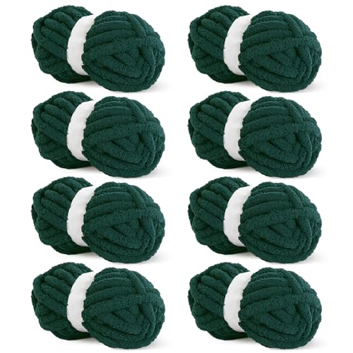 Hombys Dark Green Chunky Chenille Yarn for Crocheting and Knitting Super Bulky Thick Fluffy Yarn for Hand Knitting Blanket Soft Plush Yarn 8 Jumbo Pack 27 yds 8 oz Each Skein - Image 1
