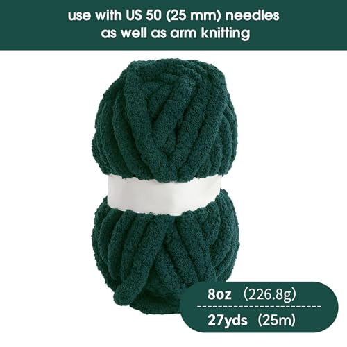 Hombys Dark Green Chunky Chenille Yarn for Crocheting and Knitting Super Bulky Thick Fluffy Yarn for Hand Knitting Blanket Soft Plush Yarn 8 Jumbo Pack 27 yds 8 oz Each Skein - Image 3
