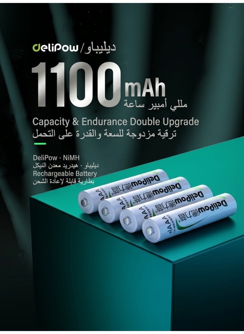 Delipow البطاريات والشواحن لشحن بطاريات AA وAAA مع 4 بطاريات AAA قابلة لإعادة الشحن بسعة 1100mAh، شاحن بطاريات منزلي بأربع فتحات، شحن آمن وسهل للاستخدام اليومي - Image 3