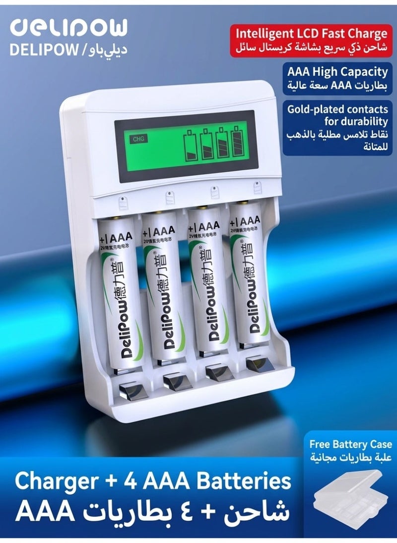 Delipow البطاريات والشواحن لشحن بطاريات AA وAAA مع 4 بطاريات AAA قابلة لإعادة الشحن بسعة 1100mAh، شاحن بطاريات منزلي بأربع فتحات، شحن آمن وسهل للاستخدام اليومي - Image 1