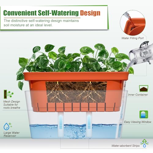 OurWarm Windowsill Herb Planter Box Indoor Set of 3, 10.5 Inch Self Watering Planter Pots with Visual Water Level Window, Modern Plastic Plant Pots for Herbs, Vegetables, Succulents Plants - Image 2