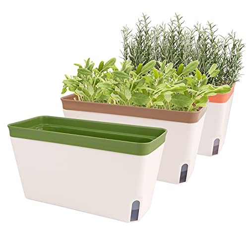 OurWarm Windowsill Herb Planter Box Indoor Set of 3, 10.5 Inch Self Watering Planter Pots with Visual Water Level Window, Modern Plastic Plant Pots for Herbs, Vegetables, Succulents Plants - Image 1