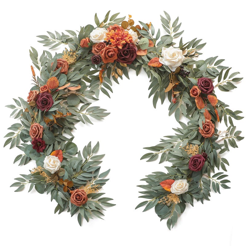 Floroom 6ft Artificial Eucalyptus Garland with Flowers Fake Greenery Burnt Orange Faux Floral Vine Garland for Table Decor Wedding Centerpieces Bridal Shower Party Decorations Terracotta