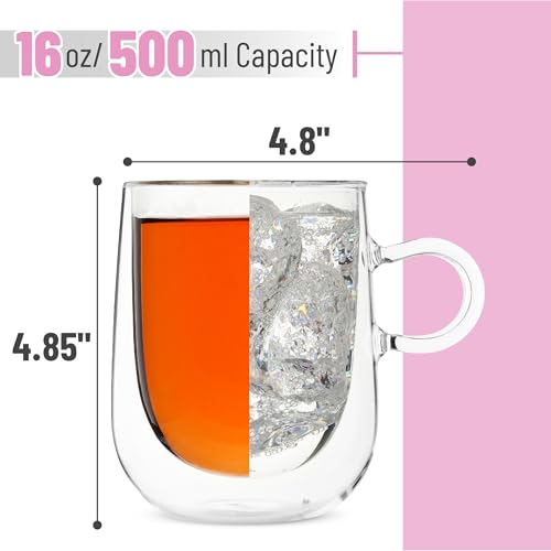 Brew To A Tea BTaT Double Wall Glass Coffee Mugs - 16 oz (500ml), Set of 4, Double Insulated, Clear Latte Mugs - Image 3