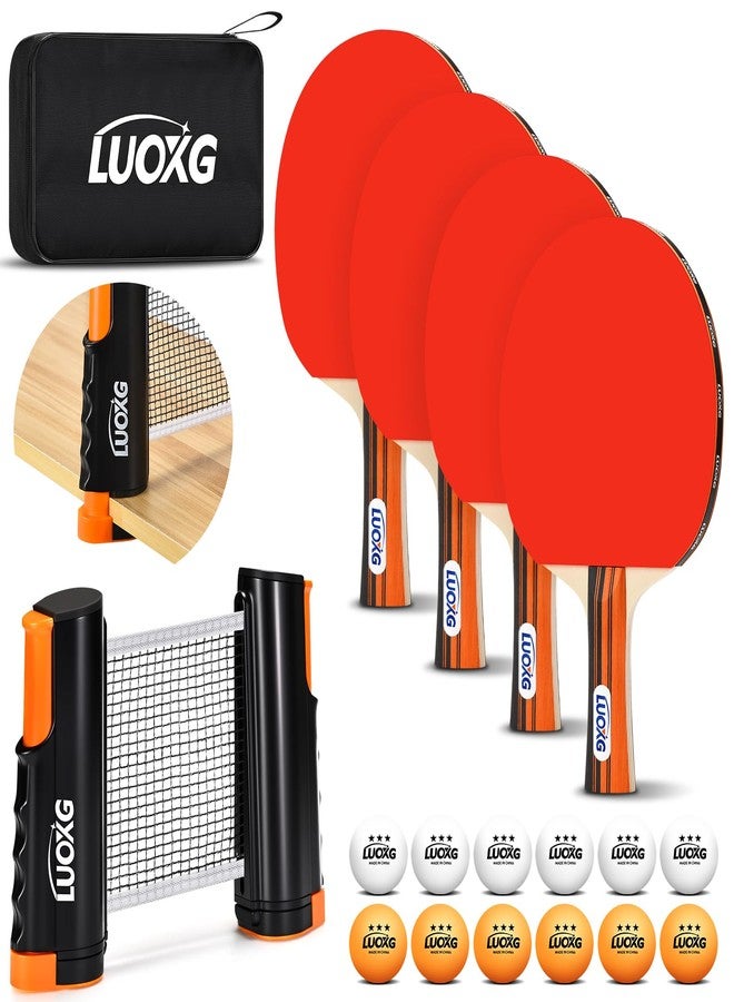 LUOXG Ping Pong Paddles Set of 4, Including 4 Ping Pong Paddles, 12 Balls, a Ping Pong Net and a Portable Case, Table Tennis Rackets Set Suitable for Indoor and Outdoor Games, Four Players - Image 1