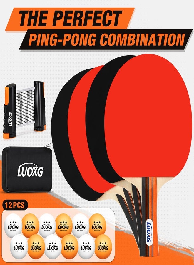 LUOXG Ping Pong Paddles Set of 4, Including 4 Ping Pong Paddles, 12 Balls, a Ping Pong Net and a Portable Case, Table Tennis Rackets Set Suitable for Indoor and Outdoor Games, Four Players - Image 2