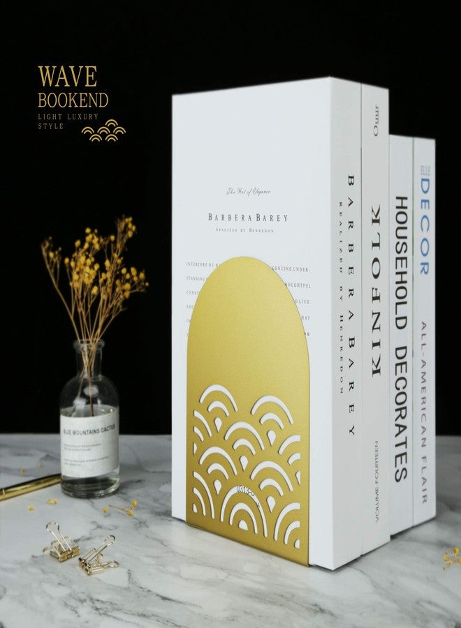 QiMing Ukiyoe Auspicious Clouds Bookends for Books,1 Pair Metal Wavy Pattern Book Holders for Office Shelves Adults & Kids Gift(Gold) - Image 1