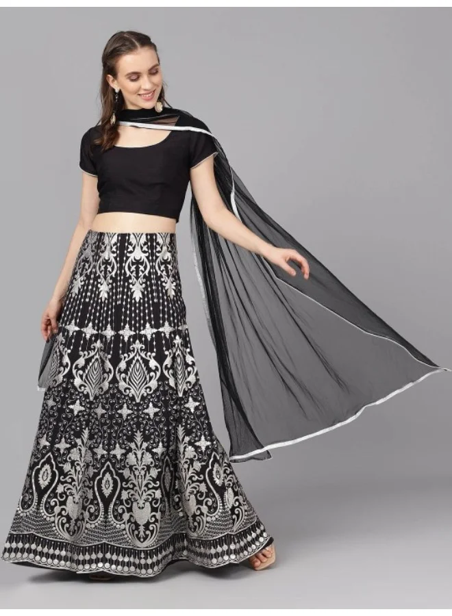 AKS Black & Silver Printed Lehenga Blouse With Dupatta