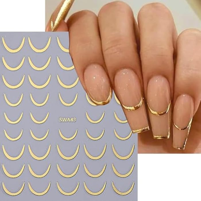 fashion mania French Tip Nail Art Stickers, Gold & Silver, 4PCS, 3D Stripe Lines Curve Swirl, Self-Adhesive Nail Decals, DIY Nail Art Decorations - Image 3