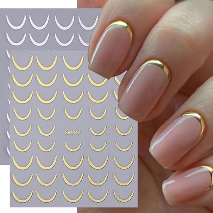 fashion mania French Tip Nail Art Stickers, Gold & Silver, 4PCS, 3D Stripe Lines Curve Swirl, Self-Adhesive Nail Decals, DIY Nail Art Decorations - Image 1