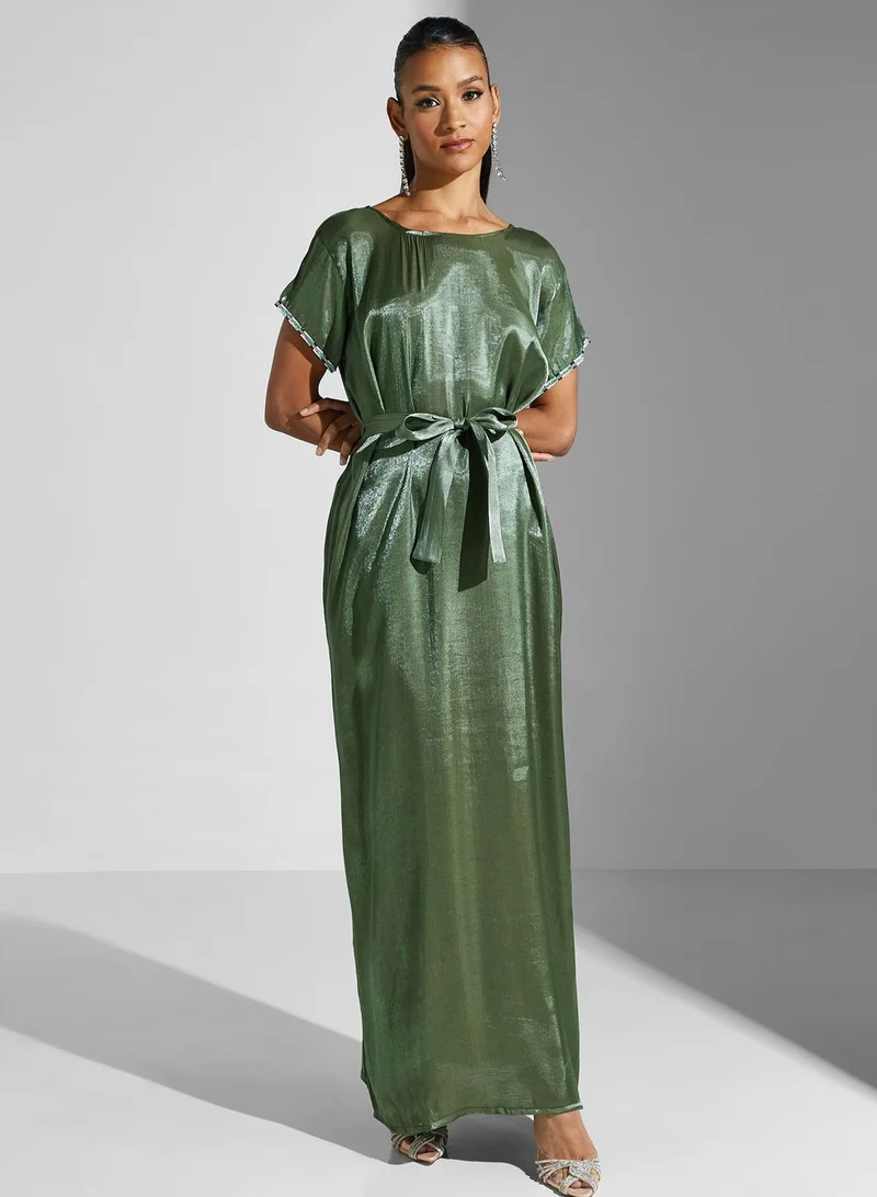 hayas closet Shimmering Belted Maxi Dress