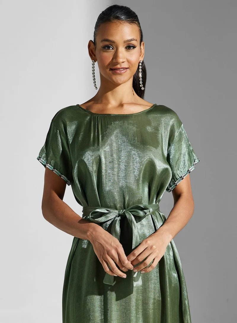 hayas closet Shimmering Belted Maxi Dress
