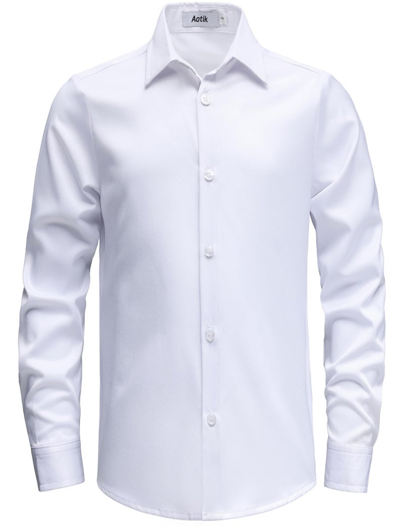 AOTIK Boys Stretch Wrinkle Free Dress Shirts Button Down Shirt Long Sleeve Formal School Uniform Shirts 14 White - Image 1