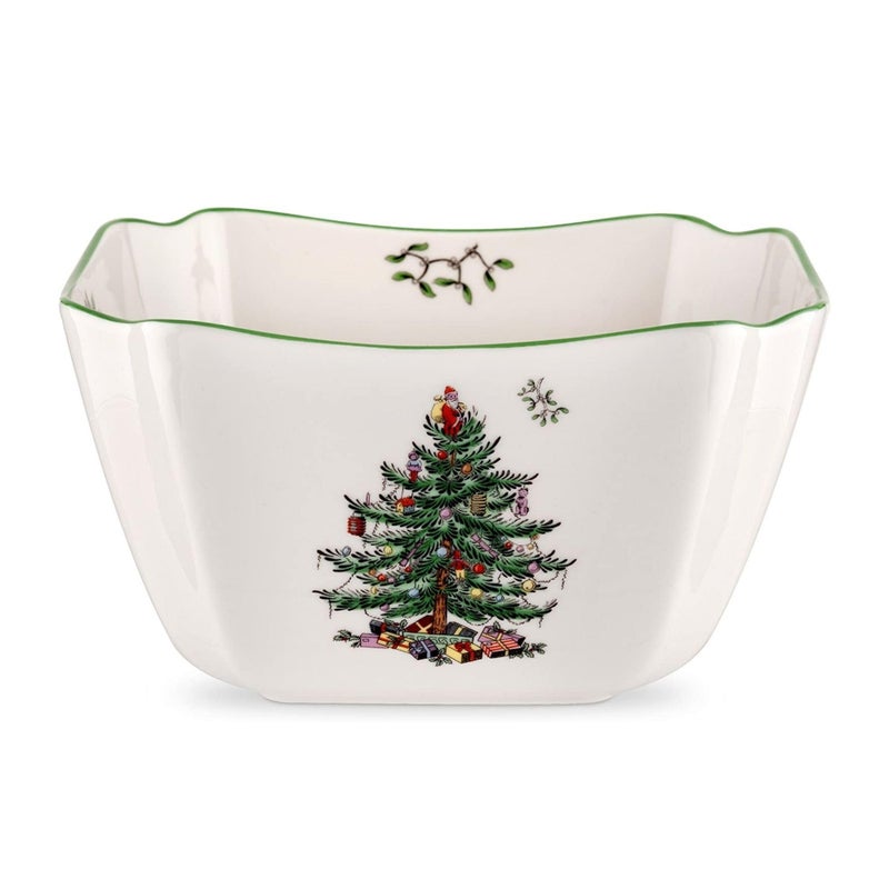 Spode Christmas Tree 10Inch Square Serving Bowl Durable Porcelain Bowl for Appetizers Holiday Dishes Iconic Christmas Design with Green Trim Microwave Dishwasher Safe for Festive Gatherings