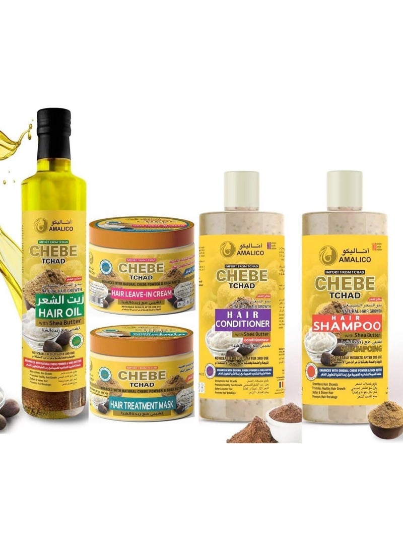 AMALICO Chebe Powder and Shea Butter Hair Treatement. - African Organic Hair SHAMPOO, CONDITIONER, OIL, Leave-in CREAM and Treatement MASK . Set for Curly Hair - Ready to Use Sweet Almond. Palm Oil Almond Oil Olive Oil Deep Scalp Nourishment Sulphate Parapen Free. 500ml - Set Of 5 Pcs - Image 1