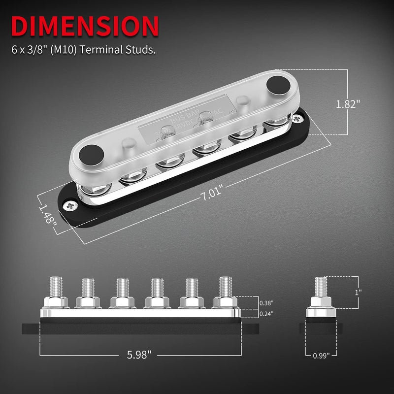DAIERTEK 300A Bus Bar 12V Power Distribution Block with Cover - 6 x 3/8" (M10) Terminal Studs - Image 2