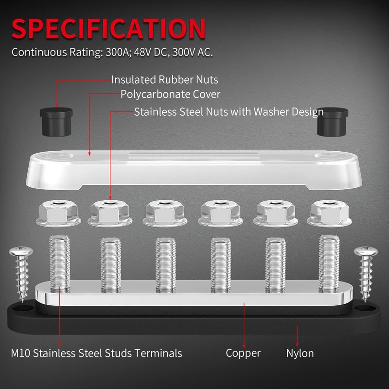 DAIERTEK 300A Bus Bar 12V Power Distribution Block with Cover - 6 x 3/8" (M10) Terminal Studs - Image 4