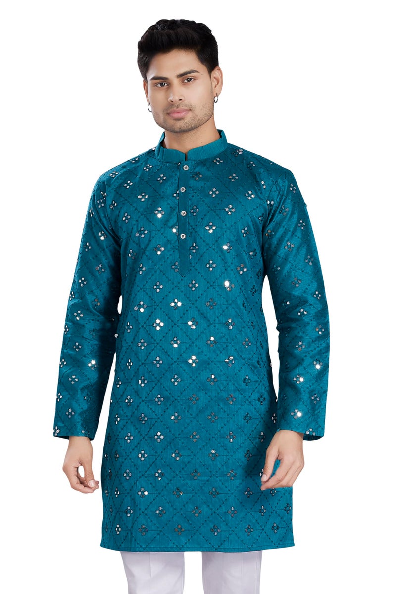 DIVISIVE Men's Mirror Embroidered Silk Blend Only Slim Fit Kurta (DKRT1486_M_Turquoise) - Image 1