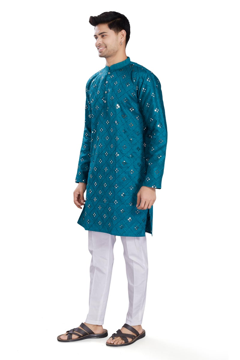 DIVISIVE Men's Mirror Embroidered Silk Blend Only Slim Fit Kurta (DKRT1486_M_Turquoise) - Image 3
