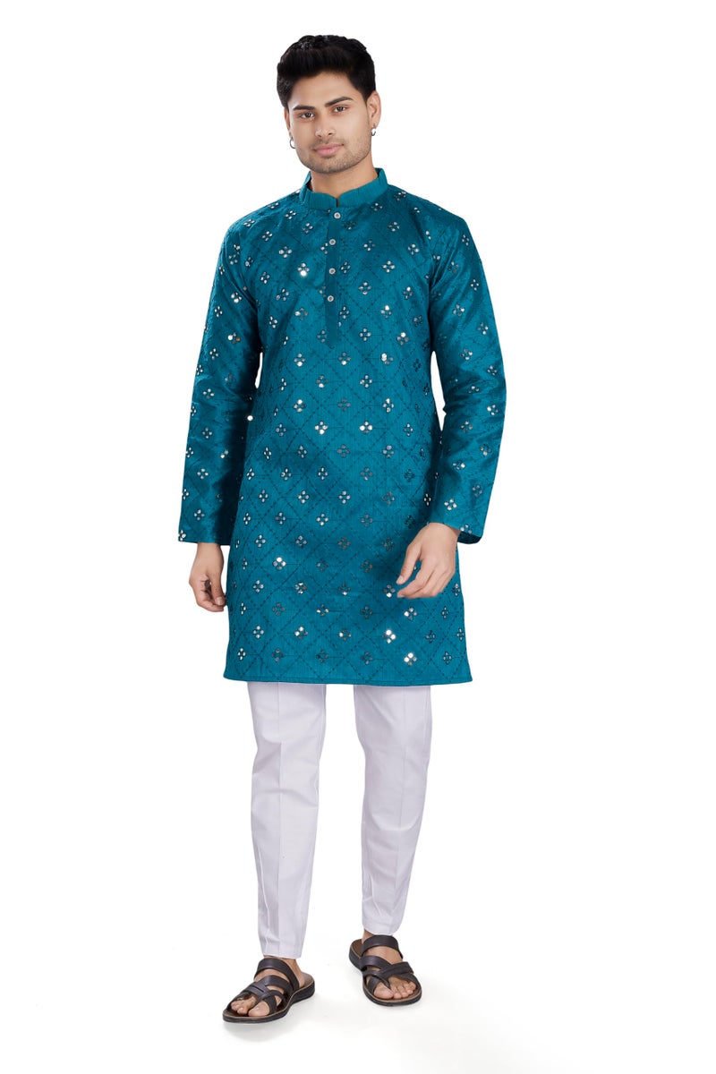 DIVISIVE Men's Mirror Embroidered Silk Blend Only Slim Fit Kurta (DKRT1486_M_Turquoise) - Image 5
