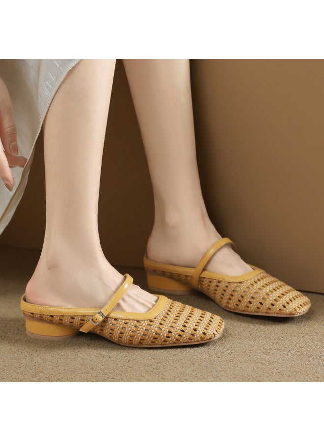 Hollow-out Peep-toe Slippers For Women, 2025 Summer Outdoor Wedge Heel Sandals, Woven Mule Slippers With Low Heel - Image 5