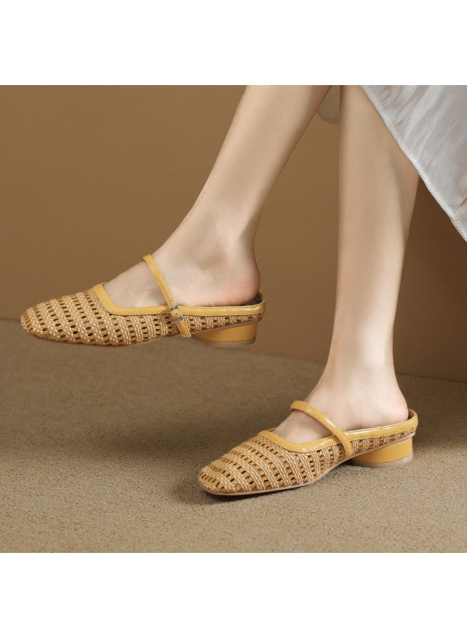 Hollow-out Peep-toe Slippers For Women, 2025 Summer Outdoor Wedge Heel Sandals, Woven Mule Slippers With Low Heel - Image 3