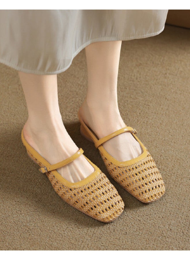 Hollow-out Peep-toe Slippers For Women, 2025 Summer Outdoor Wedge Heel Sandals, Woven Mule Slippers With Low Heel - Image 1