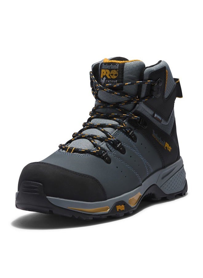 Timberland حذاء عمل صناعي للرجال بارتفاع 6 بوصات مع مقدمة أمان مركبة ومقاوم للماء، رمادي/أصفر، مقاس 10 عريض - Image 1