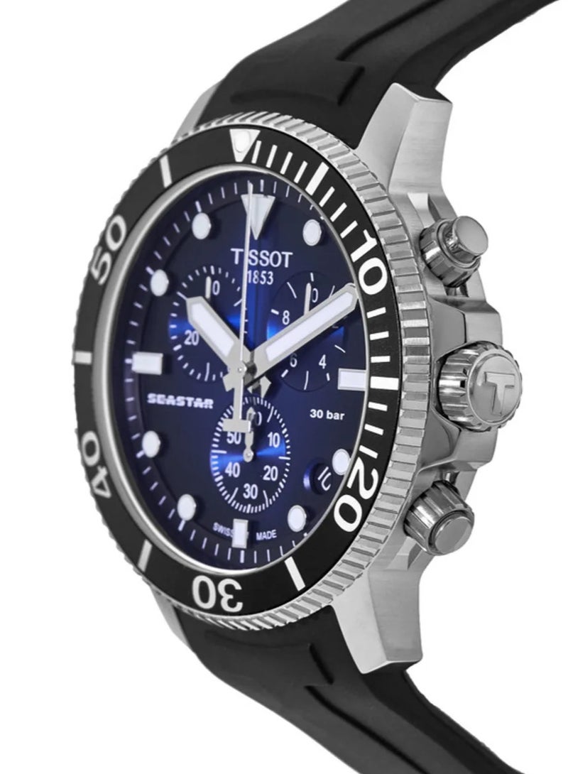 TISSOT ساعة سي ستار 1000 كرونوغراف بقرص أزرق وحزام سيليكون للرجال - T120.417.17.041.00 - Image 3
