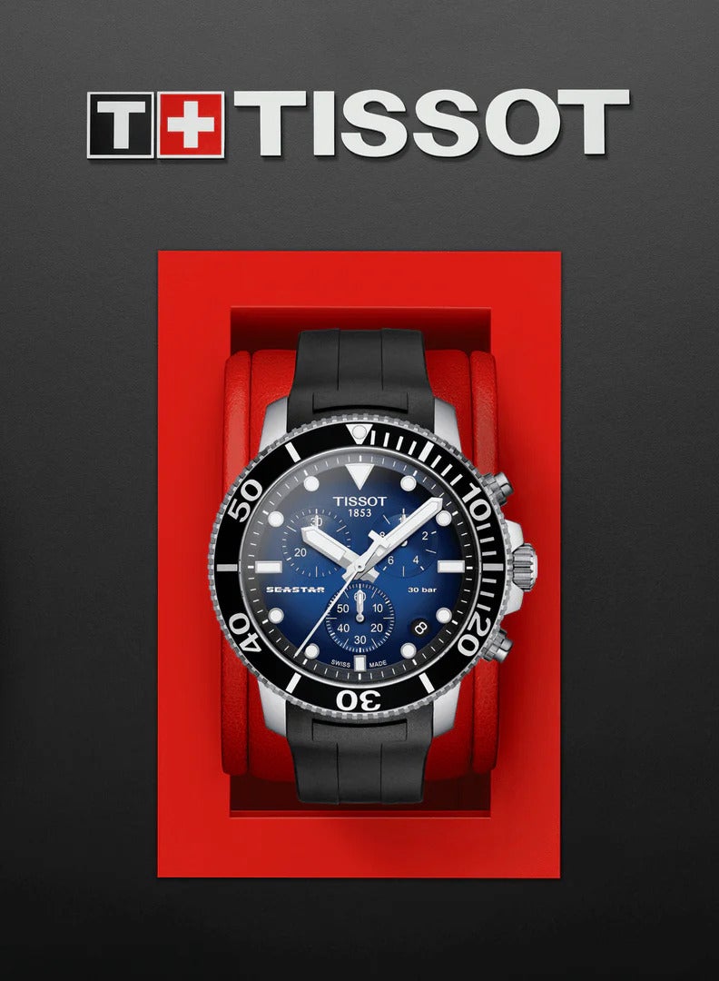 TISSOT ساعة سي ستار 1000 كرونوغراف بقرص أزرق وحزام سيليكون للرجال - T120.417.17.041.00 - Image 5