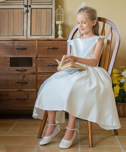 PHIRAMIN Toddler Flower Girl Satin Ivory White Dress Shoes Little Girl Ballet Flats Size 10 Pearl Wedding Party - Image 3