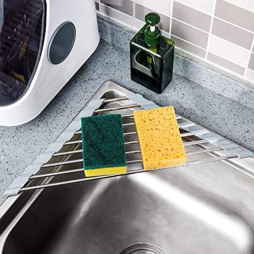 NILKANTH Triangle Roll-Up Dish Drying Rack for Sink Corner Small Foldable Stainless Steel Over The Sink Multipurpose Kitchen Drainer Caddy Organizer Storage Space Saver Shelf Holder (Grey) - Image 4