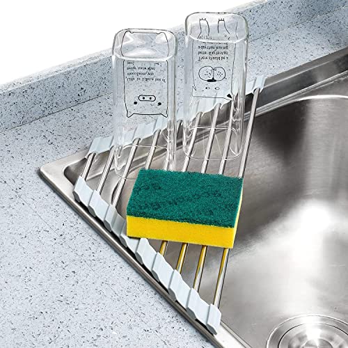 NILKANTH Triangle Roll-Up Dish Drying Rack for Sink Corner Small Foldable Stainless Steel Over The Sink Multipurpose Kitchen Drainer Caddy Organizer Storage Space Saver Shelf Holder (Grey) - Image 1