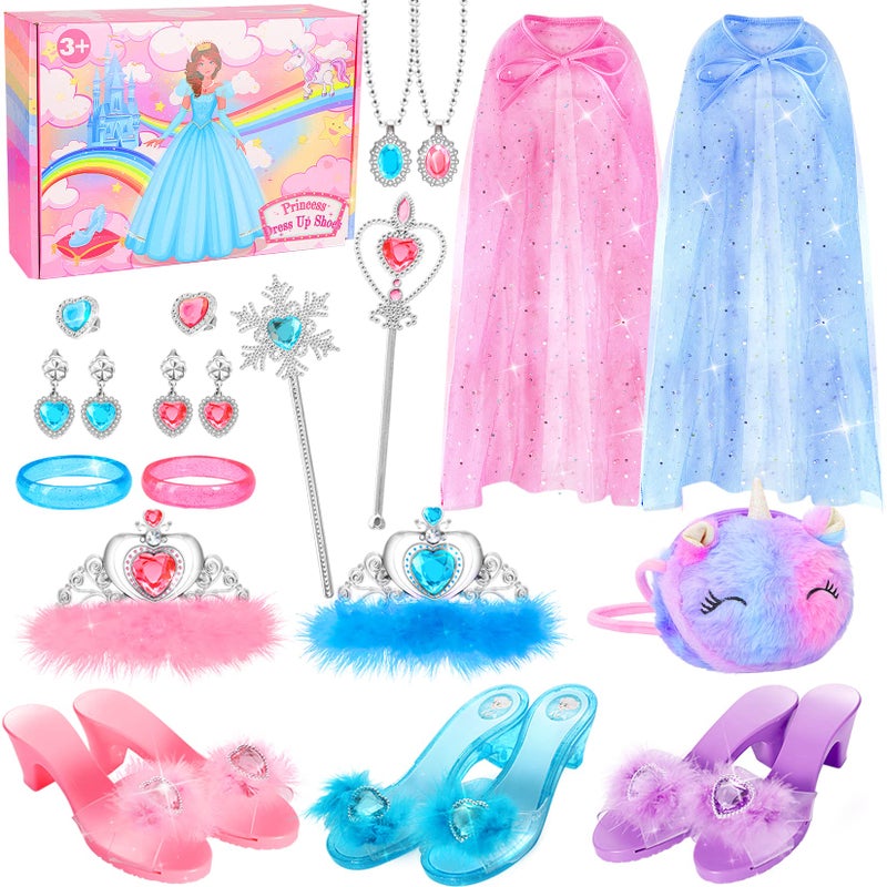 Fedio Princess Dress Up Shoes Set Little Girls Role Play Shoes Pretend Princess Gift Toy Set with 3 Pairs of Shoes,Princess Cape,Crown Tiaras,Unicorn Purse for Girls Aged 3,4,5,6 Birthday Christmas - Image 1