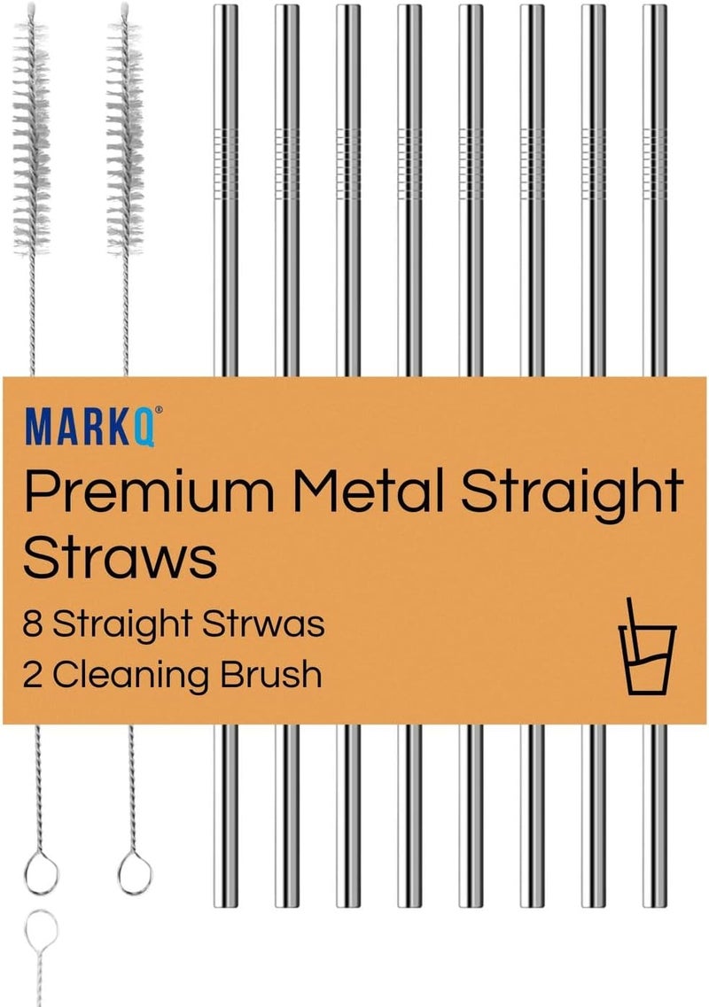 MARKQ طقم مصاصات شرب من الفولاذ المقاوم للصدأ - 8 مصاصة مستقيمة قابلة لإعادة الاستخدام مع 2 فرشاة تنظيف، تناسب جميع أحجام الأكواب، مصاصات معدنية للماء، العصائر، الشاي، القهوة، والعصائر - Image 1