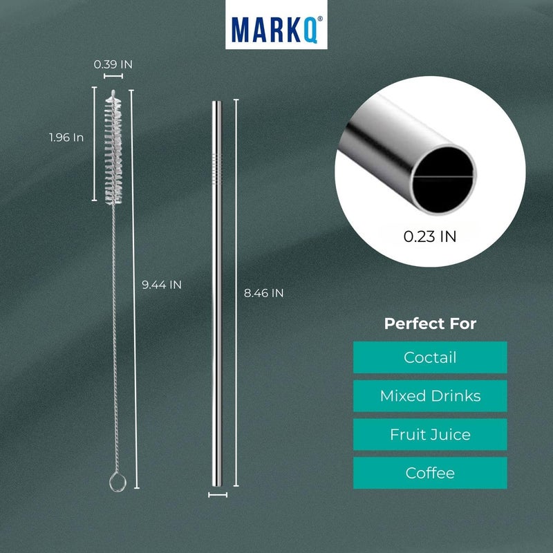 MARKQ طقم مصاصات شرب من الفولاذ المقاوم للصدأ - 8 مصاصة مستقيمة قابلة لإعادة الاستخدام مع 2 فرشاة تنظيف، تناسب جميع أحجام الأكواب، مصاصات معدنية للماء، العصائر، الشاي، القهوة، والعصائر - Image 4