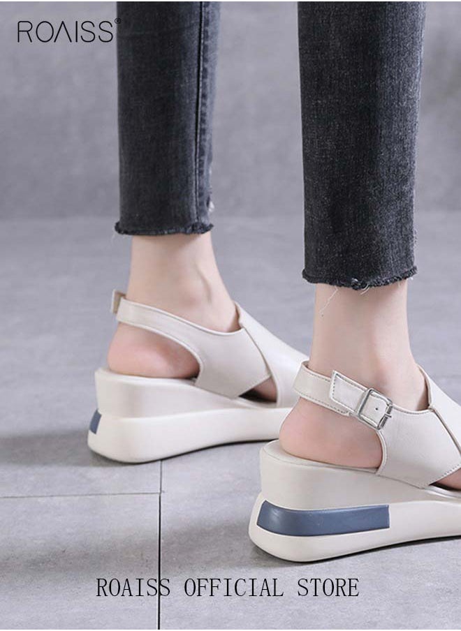 roaiss - Thick Bottom Wedge Sandals Women's New Summer High-Heeled Fish Mouth Women's Shoes Soft Leather Buckle Open Toe Raised Platform Shoes - Image 1