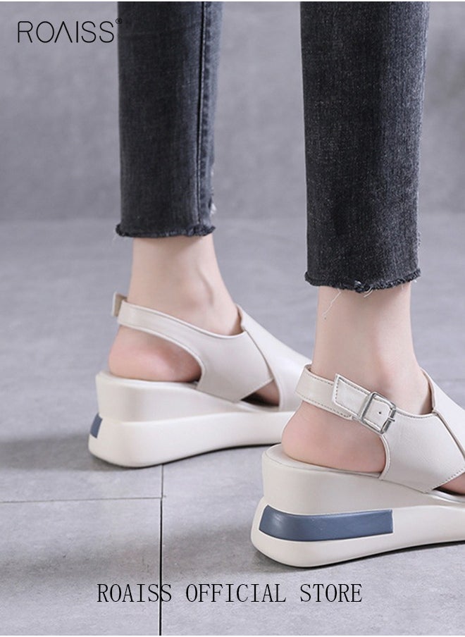 roaiss Thick Bottom Wedge Sandals Women's New Summer High-Heeled Fish Mouth Women's Shoes Soft Leather Buckle Open Toe Raised Platform Shoes  - Image 4