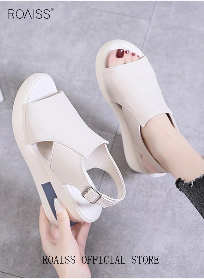 roaiss Thick Bottom Wedge Sandals Women's New Summer High-Heeled Fish Mouth Women's Shoes Soft Leather Buckle Open Toe Raised Platform Shoes  - Image 5