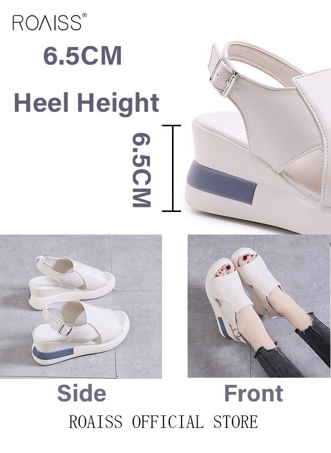 roaiss - Thick Bottom Wedge Sandals Women's New Summer High-Heeled Fish Mouth Women's Shoes Soft Leather Buckle Open Toe Raised Platform Shoes - Image 1