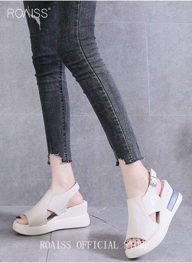 roaiss - Thick Bottom Wedge Sandals Women's New Summer High-Heeled Fish Mouth Women's Shoes Soft Leather Buckle Open Toe Raised Platform Shoes - Image 1