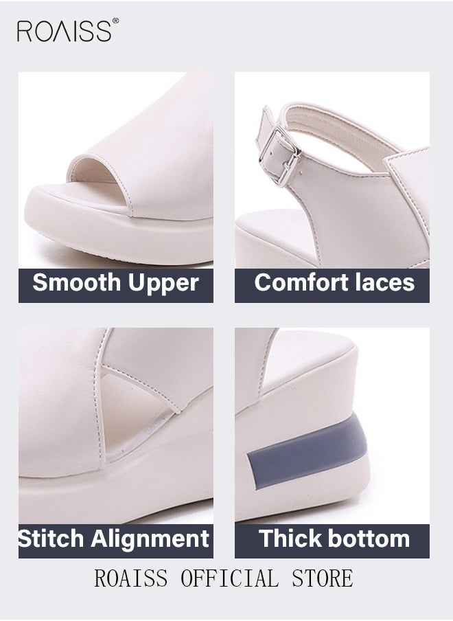 roaiss - Thick Bottom Wedge Sandals Women's New Summer High-Heeled Fish Mouth Women's Shoes Soft Leather Buckle Open Toe Raised Platform Shoes - Image 1