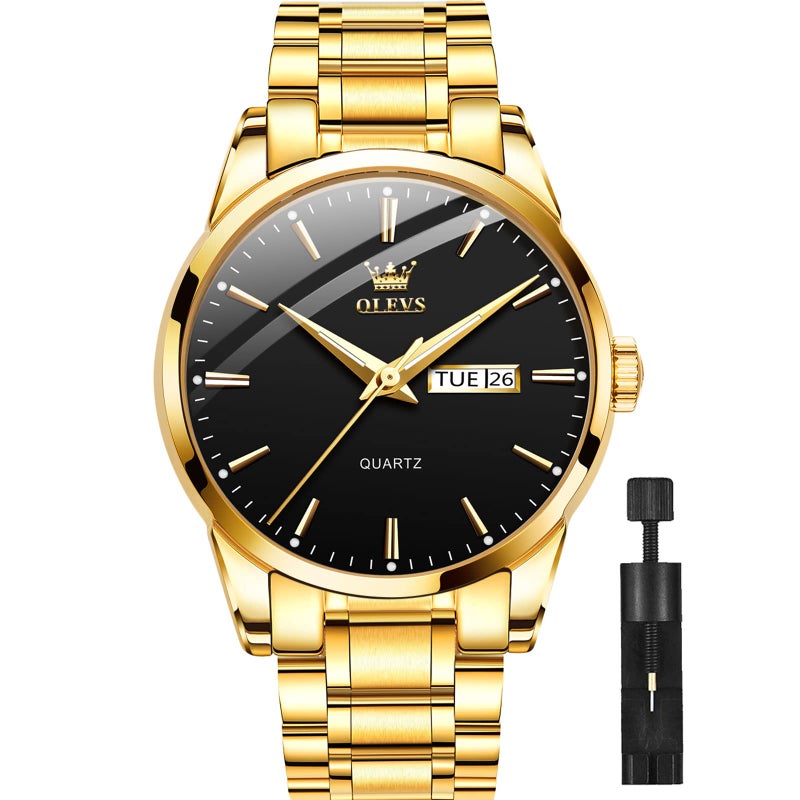 OLEVS Classic Men Watches with Date,Stainless Steel Man Watch with Date, Bussiness Watches for Men,Luminous Quartz Mens Watches Black/White/Blue/Gold, Waterproof Male Watch with Week Gold Steel Black Dial Men Watch - Image 1